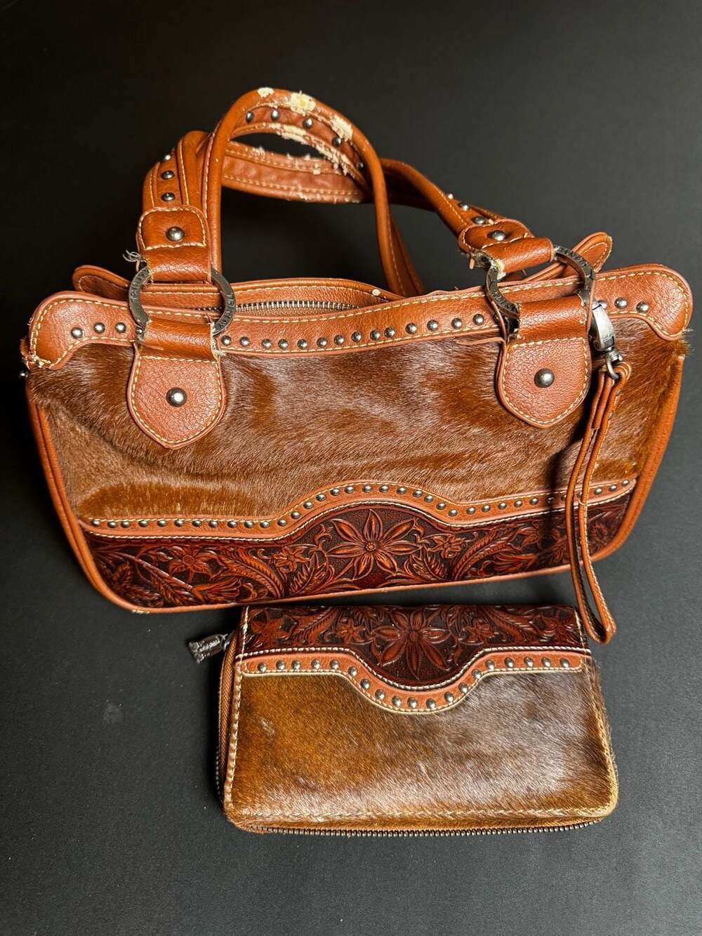Trinity Ranch Western Floral Tooled Leather And Cowhide Purse And Wallet Set